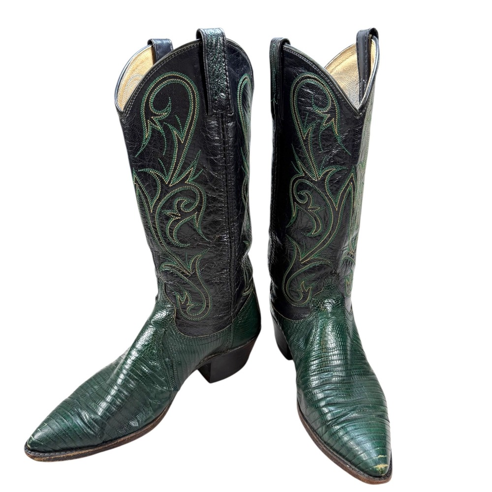 Vintage Dan Post Western Boots Mens 8M Green Teju Lizard Skin Cowboy Pointed Toe